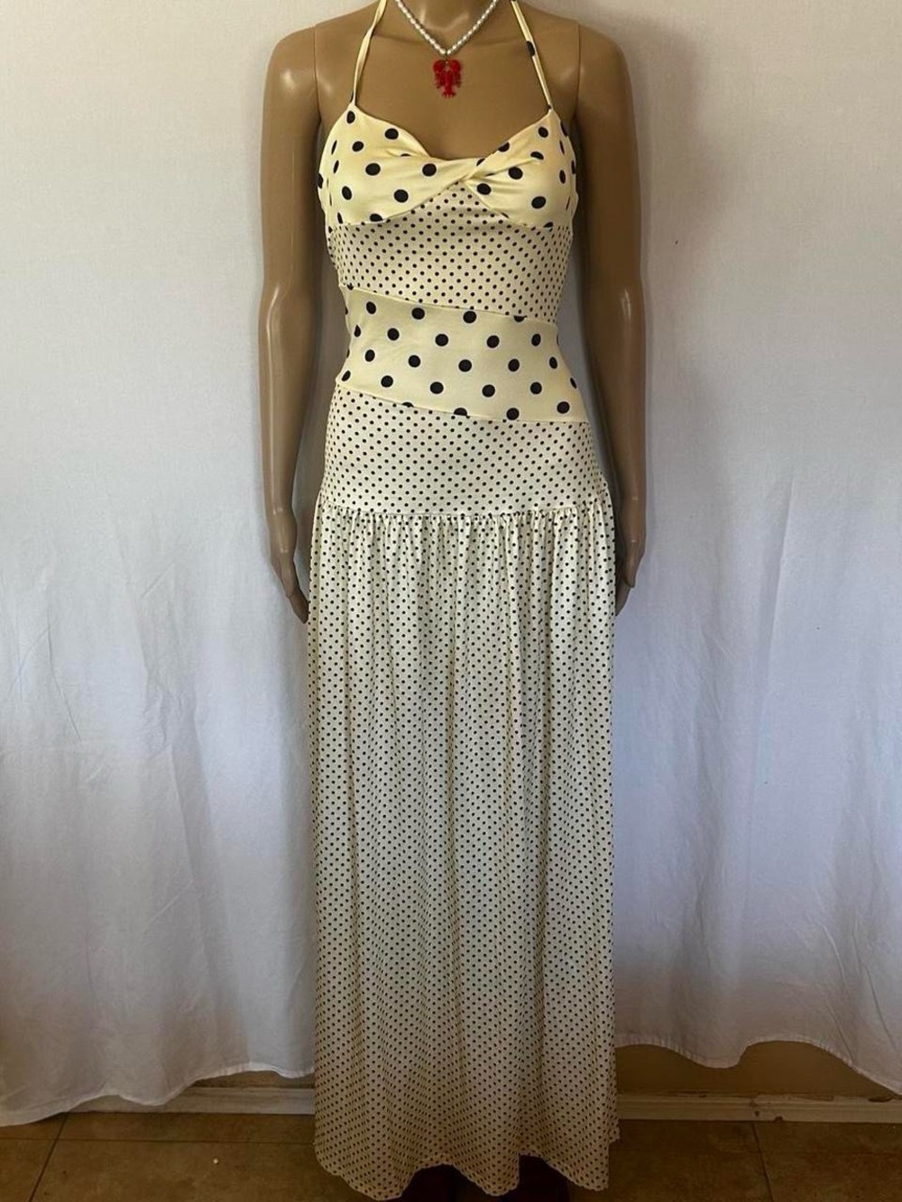 Polka Dot Halter Maxi Dress - Cream with Black Dots - Picture 4 of 4